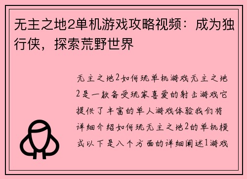 无主之地2单机游戏攻略视频：成为独行侠，探索荒野世界