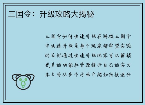 三国令：升级攻略大揭秘