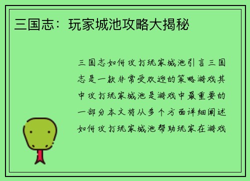 三国志：玩家城池攻略大揭秘