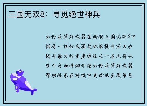 三国无双8：寻觅绝世神兵